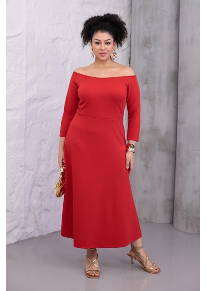 Kadın Kırmızı Kayık Yaka Truvakar Kol Kuplu Büyük Beden Esnek Elbise