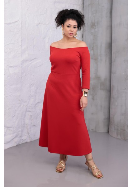 Kadın Kırmızı Kayık Yaka Truvakar Kol Kuplu Büyük Beden Esnek Elbise modelleri