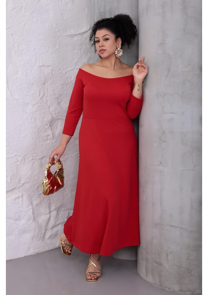 Kadın Kırmızı Kayık Yaka Truvakar Kol Kuplu Büyük Beden Esnek Elbise fırsatları
