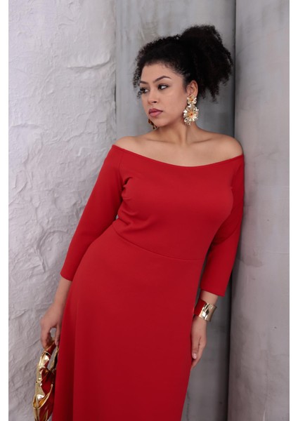 Kadın Kırmızı Kayık Yaka Truvakar Kol Kuplu Büyük Beden Esnek Elbise indirimleri