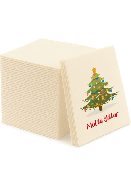 Kumaş Dokulu Bej Yılbaşı Mutlu Yıllar Ağacı Baskılı Peçete 12'li