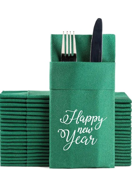 Kumaş Dokulu Happy New Year Baskılı Yeşil Cepli Peçete 6'lı
