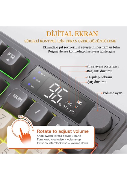 2.4ghz Bluetooth 5.0 Çift Bağlantılı Gaming Kablosuz Oyuncu Klavyesi LED Ekran Pbt Top Baş modelleri