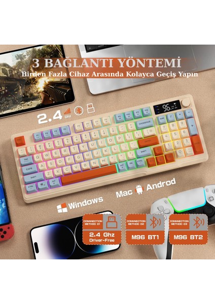 2.4ghz Bluetooth 5.0 Çift Bağlantılı Gaming Kablosuz Oyuncu Klavyesi LED Ekran Pbt Top Baş fırsatları