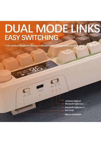 2.4ghz Bluetooth 5.0 Çift Bağlantılı Gaming Kablosuz Oyuncu Klavyesi LED Ekran Pbt Top Baş