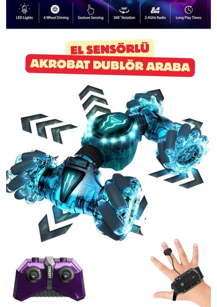 Uzaktan Kumandalı Rc Şarjlı LED Işıklı 4x4 Bilekten Kontrollü Drift Atan Akrobat Dublör Araba 25CM
