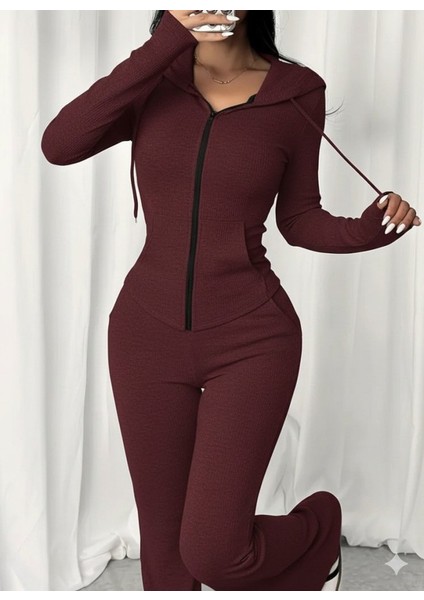 Kadın Uzun Kollu Kapşonlu Bağcıklı Önü Fermuarlı Viskon Iki Iplik Bluz ve Pantolon Ikili Takım fiyatları