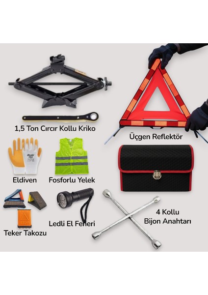 “acil Durum Lastik Değişim Seti – 1.5 Ton Kriko + Bijon Anahtarı + Reflektör + Güvenlik Yeleği + Kaymaz Iş Eldiveni + LED El Feneri – Araç Yanı Lastik Değişim & Yol Güvenliği Için Kompakt Tam Set”