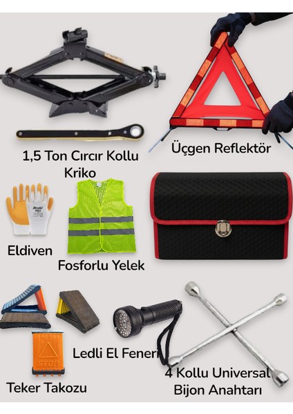 “acil Durum Lastik Değişim Seti – 1.5 Ton Kriko + Bijon Anahtarı + Reflektör + Güvenlik Yeleği + Kaymaz Iş Eldiveni + LED El Feneri – Araç Yanı Lastik Değişim & Yol Güvenliği Için Kompakt Tam Set” fiyatları