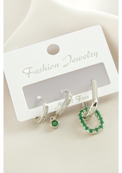 3 Adet Oval Zirkon Taşlı Küpe