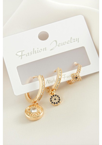 3 Adet Göz Zirkon Taşlı Küpe