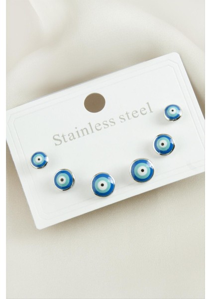 6 Adet Nazar Mineli Çelik Küpe