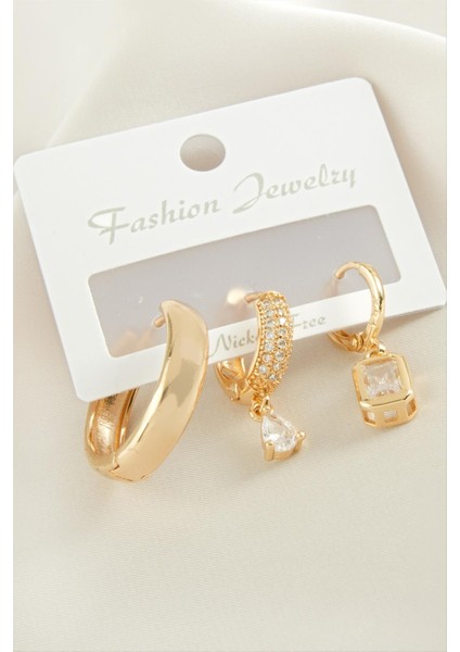 3 Adet Baget Zirkon Taşlı Küpe