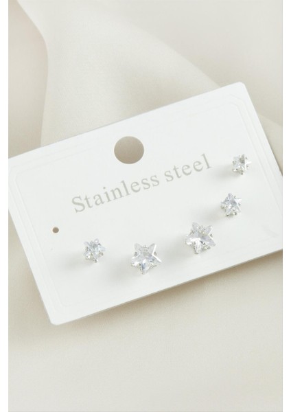 6 Adet Yıldız Zirkon Taşlı Çelik Küpe