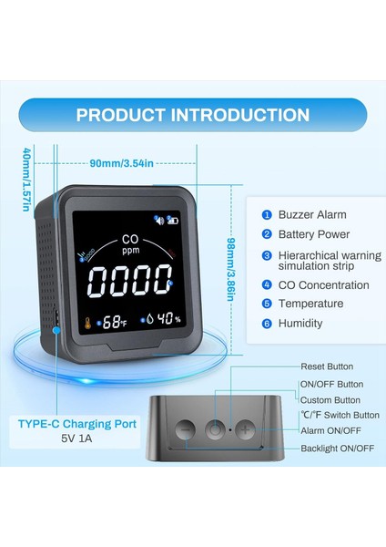 3&#39 Ü 1 Arada Karbon Monoksit Dedektörü Masaüstü/duvar Co Dedektörü Alarm Sıcaklığı/nem Dedektörü Co Metre Pth-9d (Yurt Dışından) fiyatları