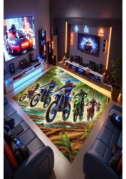 Motocross Desenli Kaymaz Taban Makinede Yıkanabilir Gaming Oyuncu Gamer Genç Odası Halısı