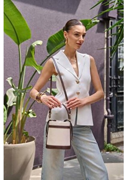 Kadın Kanvas Kova Çanta Kahverengi Kontrast Dikişli Ergonomik Tasarım