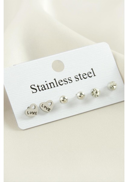 6 Adet Love Yazılı Kalp Taşlı Çelik Küpe