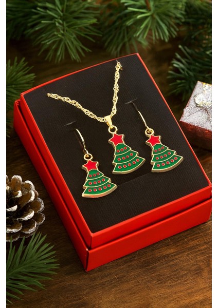 Çam Ağacı Yılbaşı Kutulu Zincir Kolye Set