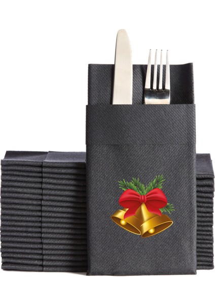 Kumaş Dokulu Yılbaşı Çan Baskılı Siyah Cepli Peçete 6'lı