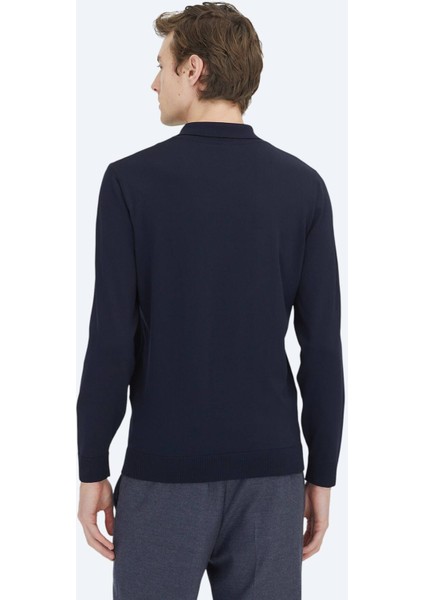 Lacivert Polo Yaka Düz Örgü Triko Kazak