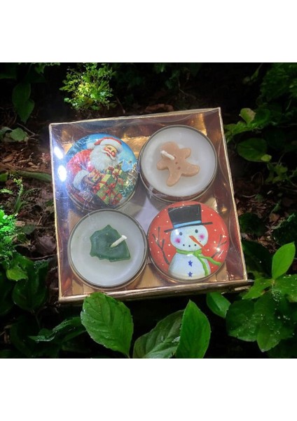 Yılbaşı Temalı 4’lü Mini Figürlü Mum Seti – Metal Kutulu Hediyelik Yeni Yıl Dekor Mumları