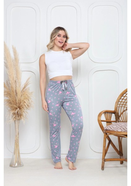 Viskon Likralı Alt Pijama Gri Üzerine Pembe Kelebek Baskı Desenli Q6018
