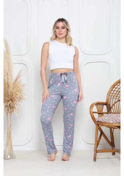 Viskon Likralı Alt Pijama Gri Üzerine Pembe Kelebek Baskı Desenli Q6018 fiyatları