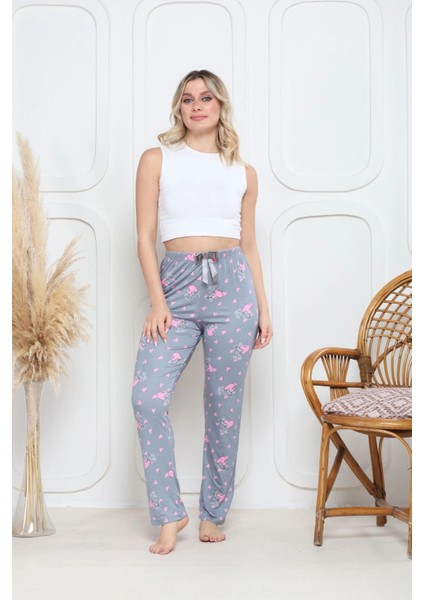 Viskon Likralı Alt Pijama Gri Üzerine Pembe Kelebek Baskı Desenli Q6018 modelleri