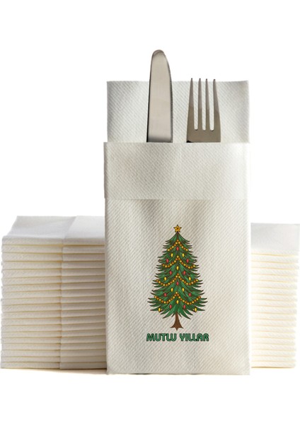 Kumaş Dokulu Mutlu Yıllar Yılbaşı Ağacı Baskılı Beyaz Cepli Peçete 6'lı