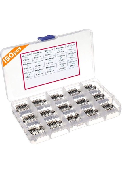 5X20MM Cam Sigorta 150ADET 15 Çeşit Kutulu Set