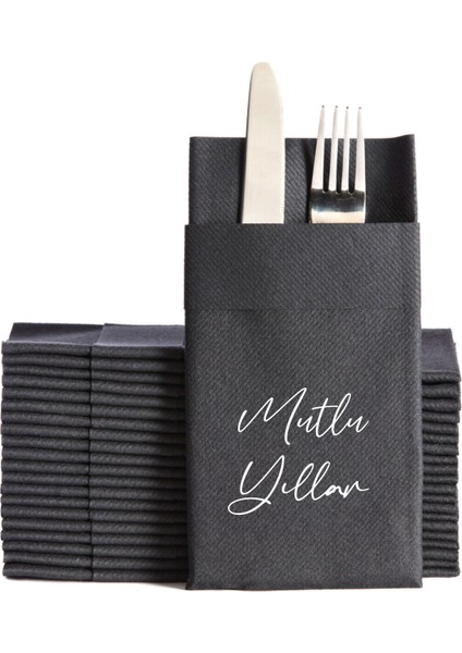 Kumaş Dokulu Mutlu Yıllar Baskılı Siyah Cepli Peçete 6'lı