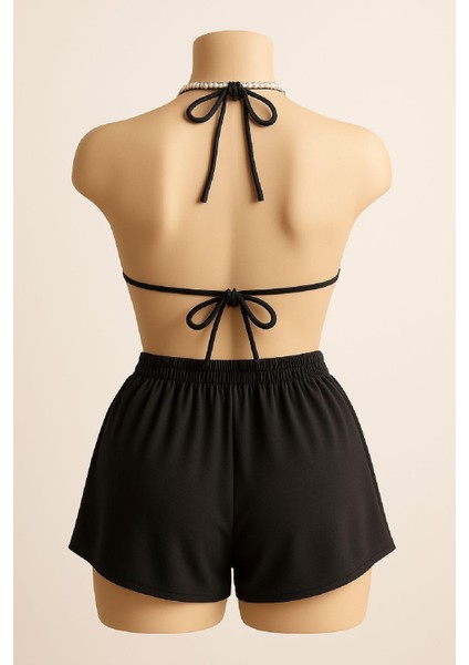 Kadın Siyah Şortlu Belden ve Boyundan Bağlamalı Bikini Takımı modelleri