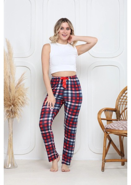 Viskon Likralı Alt Pijama Küçük Ekose Baskı Desenli Q6018