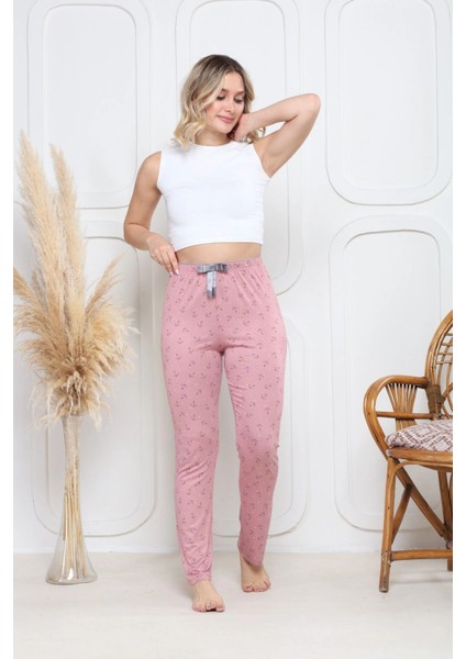 Viskon Likralı Alt Pijama Demir Pembe Baskı Desenli Q6018