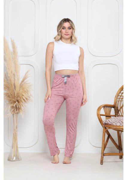 Viskon Likralı Alt Pijama Demir Pembe Baskı Desenli Q6018 modelleri