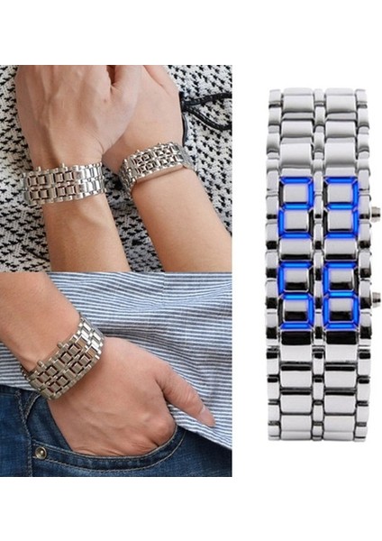 Gümüş Mavi Işık Erkekler LED Saatler Moda Lav Demir Samuray Paslanmaz Çelik Bilezik Dijital Saat Erkekler Spor Saatler Reloj Hombre 2022 (Yurt Dışından)
