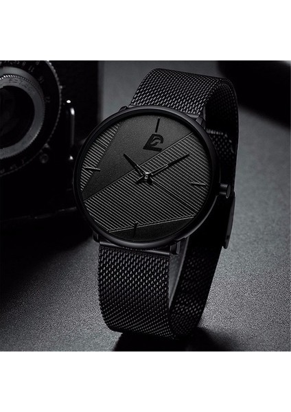 Deri Siyah Kırmızı Reloj Hombre Saatler Erkek Minimalist Erkek Moda Ultra-Ince Izle Basit Erkekler Iş Kuvars Kol Saati Relogio Masculino (Yurt Dışından)