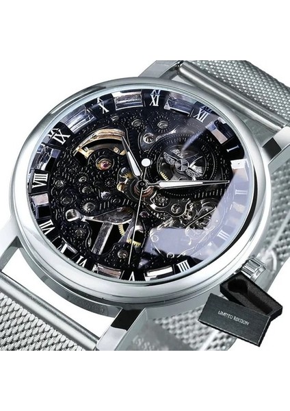 Gümüş Sıyah Kazanan Altın Izle Erkekler Için Mekanik Saatler Erkek 2021 Üst Marka Lüks Bilek Izle Oyma Paslanmaz Çelik Hasır Kayış Relogio (Yurt Dışından)