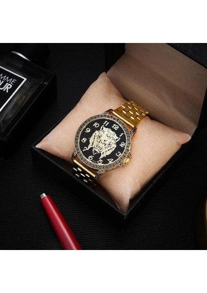 Kaplan Derisi Büyük Boy Lüks Iş Retro Erkek Klasik Paslanmaz Çelik Altın Erkek Saat Moda Günlük Spor Kuvars Erkek Saat Relojes (Yurt Dışından)