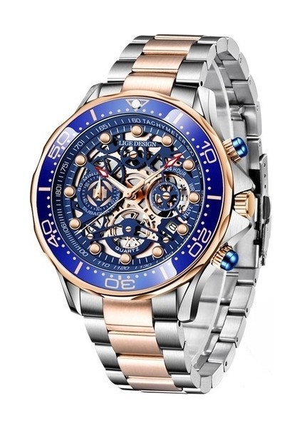 Gül Altın Mavi Lıge Lüks Altın Hollow Erkekler Kuvars Saatı Üst Marka Iş Erkekler Için Gent Saatler Su Geçirmez Takvim Adam Izle Erkek Saat (Yurt Dışından)