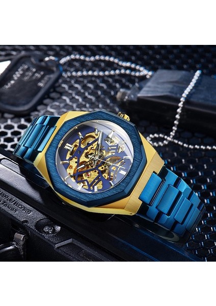 Gümüş Sıyah Forsınıng Otomatik Izle Erkekler Mekanik Erkek Saatler Top Marka Lüks Mavi Paslanmaz Çelik Kayış Kol Saatleri Saat (Yurt Dışından)