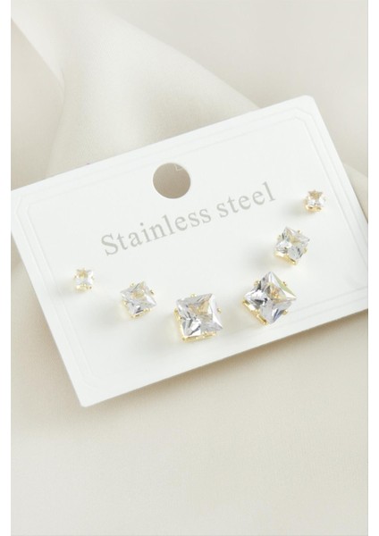 6 Adet Kare Zirkon Taşlı Çelik Küpe