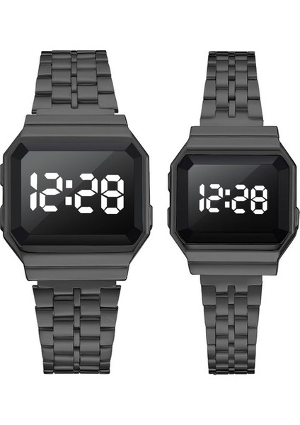 Siyah Büyük + Küçük Erkek ve Kadın Aynı Stil LED Dokunmatik Ekran Kuvars Izle Moda Kişilik Bayanlar Izle Çelik Kemer Çift Izle (Yurt Dışından)