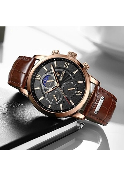 Altın Siyah Lıge Deri Siyah Saat Erkekler Üst Marka Lüks Chronograph Askeri Kuvars Saatler Adam Için Su Geçirmez (Yurt Dışından)