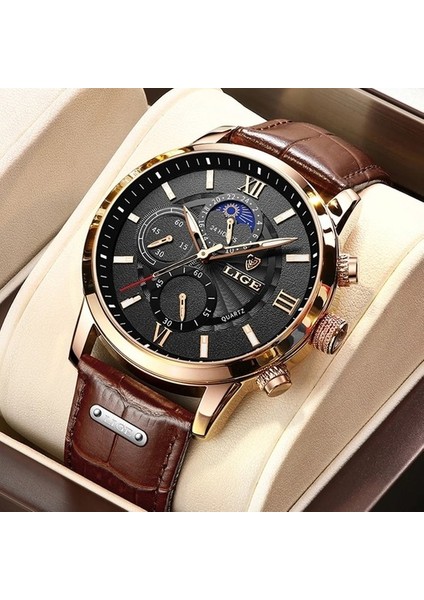 Altın Siyah Lıge Deri Siyah Saat Erkekler Üst Marka Lüks Chronograph Askeri Kuvars Saatler Adam Için Su Geçirmez (Yurt Dışından) fiyatları