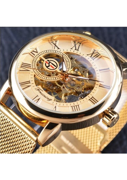 Kazanan Ince Kasa Tam Altın Tasarım Retro Ajur Saat Örgü Bant Erkek Mekanik Saatler Üst Marka Lüks Işıltılı Eller (Yurt Dışından)