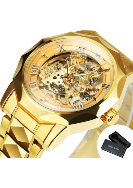 Altın Kazanan Lüks Onikigen Erkekler Için Otomatik Mekanik Saatler Casıo Aydınlık Oyma Hareketi Paslanmaz Çelik Kayış Altın Saat (Yurt Dışından)