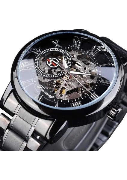 3D Hollow Gravür Tam Siyah Saat Aydınlık Tasarım Siyah Paslanmaz Çelik Erkek Mekanik Saatler Üst Marka Lüks (Yurt Dışından)