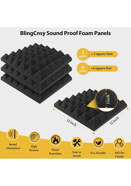 6 Pack Kendinden Yapışkan Ses Geçirmez Duvar Panelleri 2X12X12INCH Duvar Için Ses Geçirmez Köpük Paneller Ev Kayıt Stüdyosu Ofis (Yurt Dışından) fiyatları